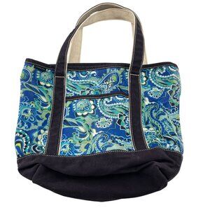 Lands End Canvas Tote Bag - Blue/Green Floral Paisley Pattern - Dual Handles